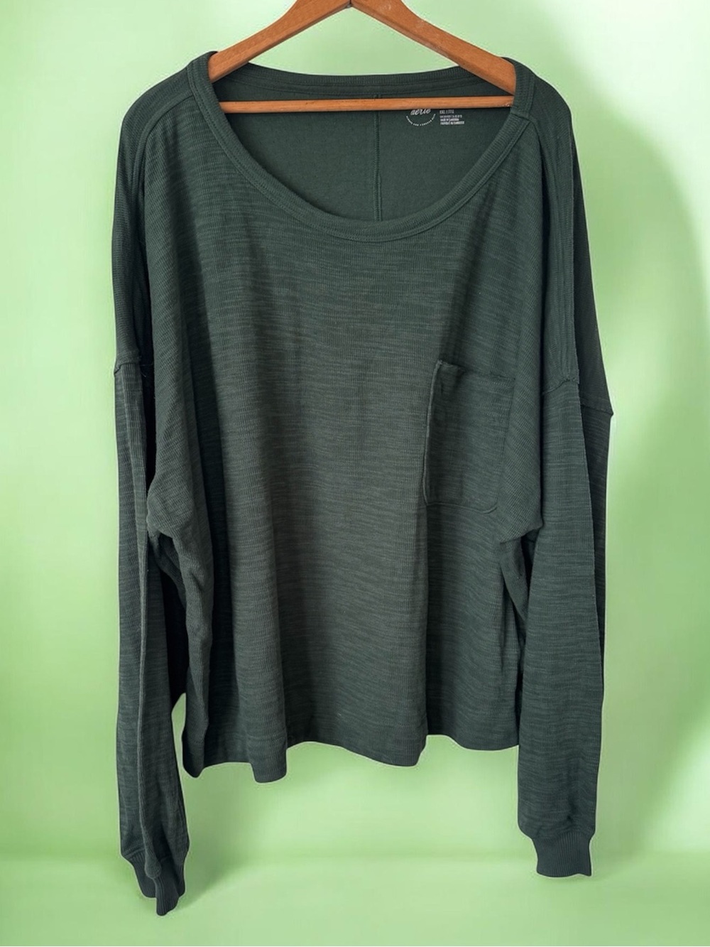 Aerie XXL Green Oversized Slub Knit Long Sleeve Pocket Top Cozy Fall Boxy